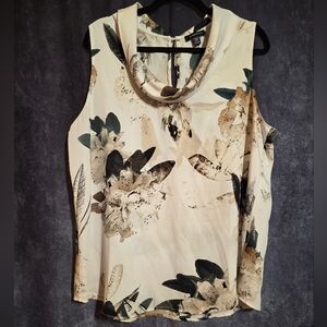 Le Chateau Ivory and Black Floral Scoop Neck Sleeveless Blouse